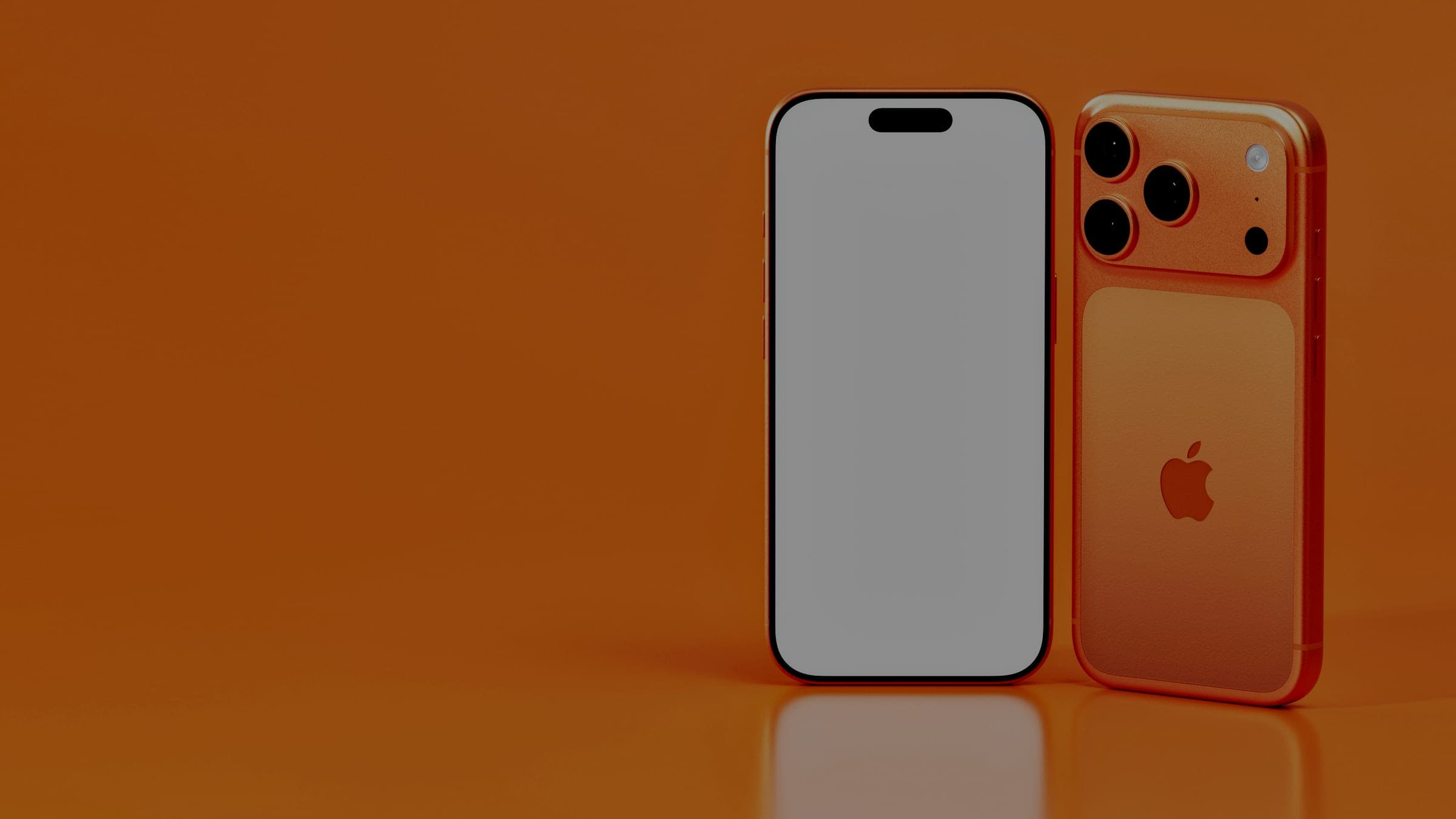An iPhone shown front and back against a bright orange background
