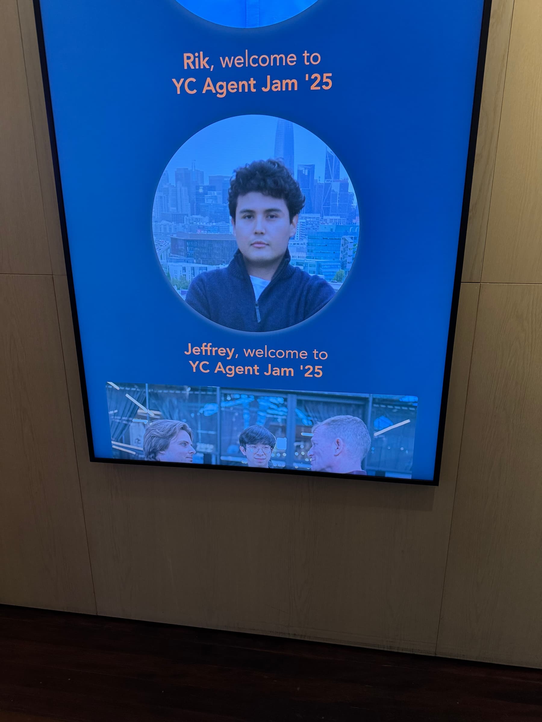 Jeffrey Escobar welcomed on screen at Y Combinator's YC Agent Jam 2025 in San Francisco