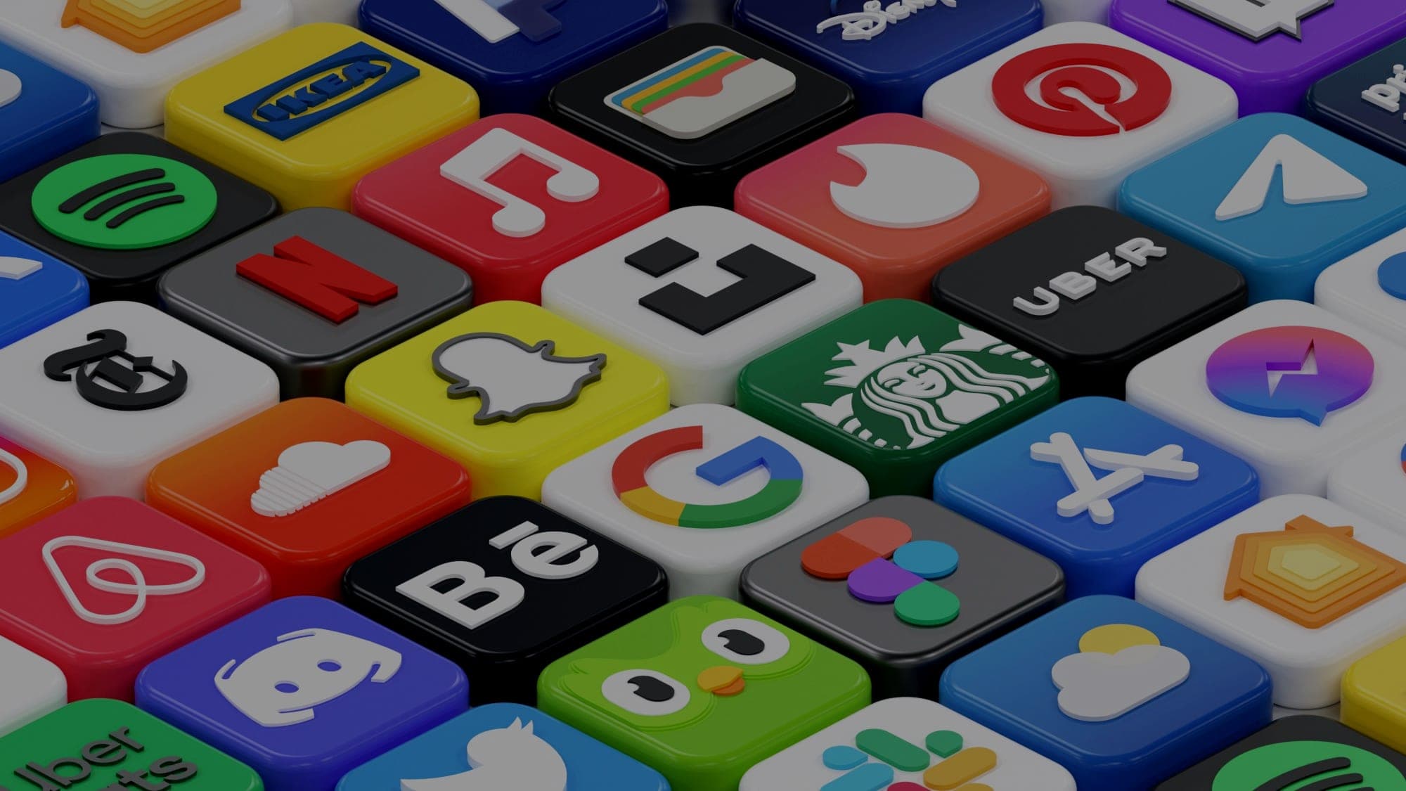 A tilted grid of glossy three-dimensional app icons for streaming, retail, social and productivity services
