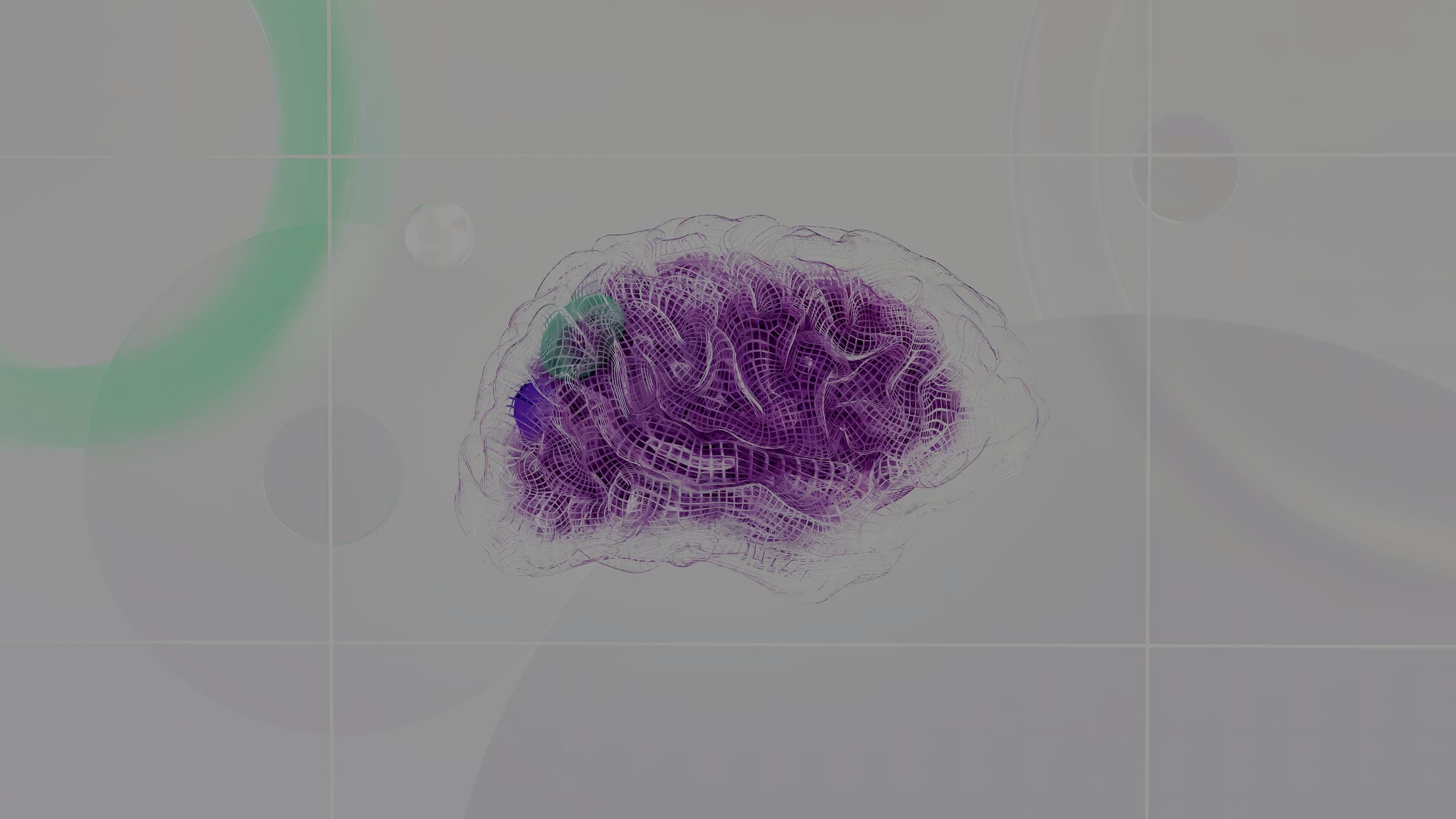 A translucent purple wireframe rendering of a human brain against a pale background