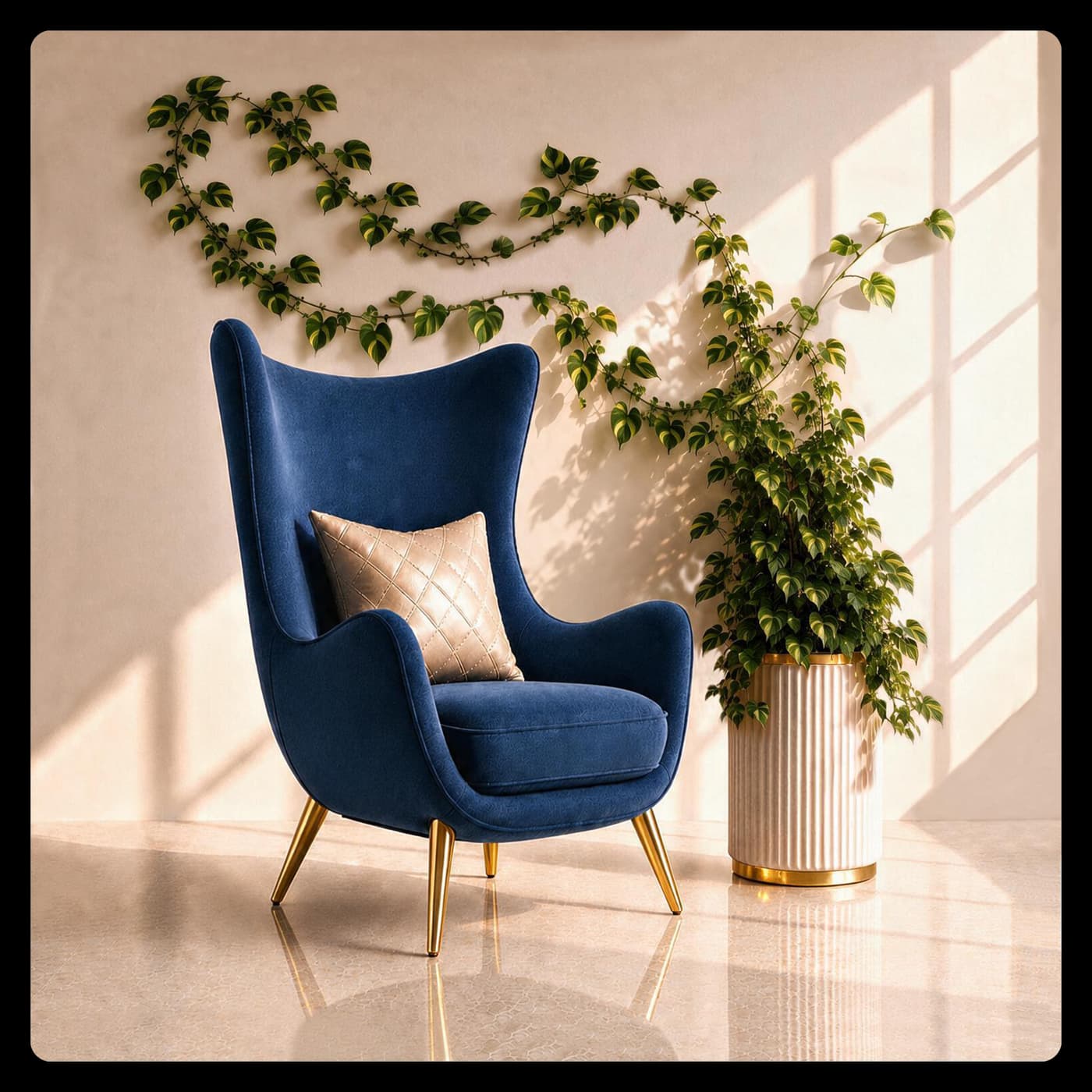 House AI logo: a blue wingback chair with gold legs beside a climbing plant in a sunlit room